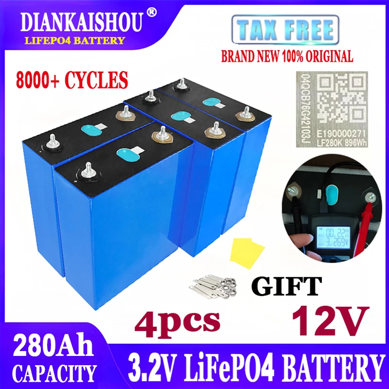 

4 PCS 280Ah 8000 cycle Lifepo4 Battery Grade A 3.2V Lithium iron phosphate Rechargeable Cell For DIY 12V24V 48V RV Solar Camping