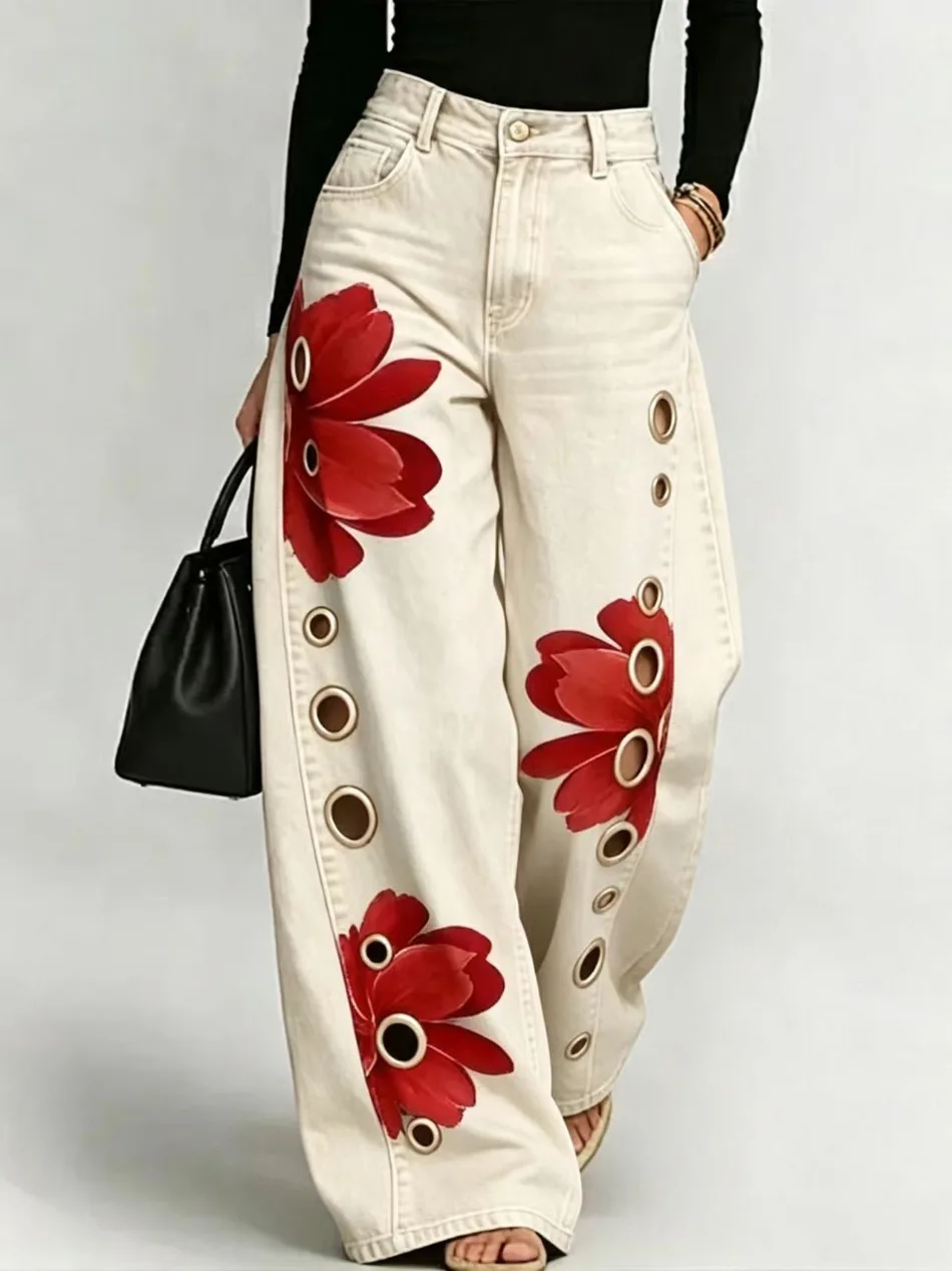 Frühling Herbst Neu im Sortiment Imitations-Jeans für Damen, bedruckt, lässig, locker, Retro-Street-Fashion, weites Bein – Detail 6