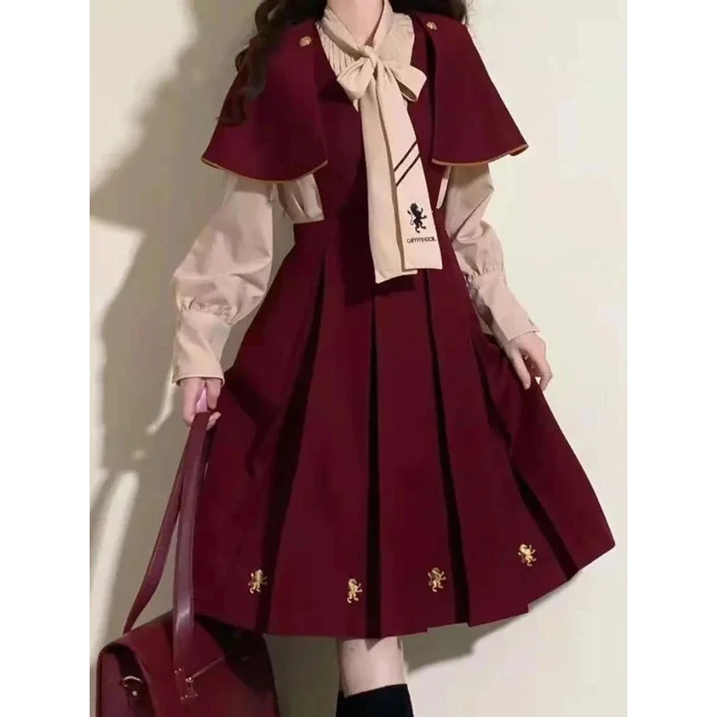 Spring Dress Suit Female Student Preppy Korean Loose Japan Cape Shawl   Bow Tie Shirt   Strap Dress Kawaii Girl Three-piece Sets