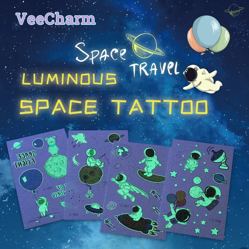 VeeCharm - Astronaut Space Flight Luminous Tattoos For Kids, Unicorn Temporary Tattoo Sticker, Kids Party, 1/20 Sheet