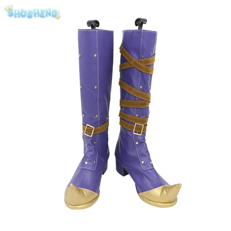 Anime arcano: liga das lendas caitlyn · kamenman cosplay sapatos roxo moda botas de couro carnaval festa das mulheres dos homens saltos altos