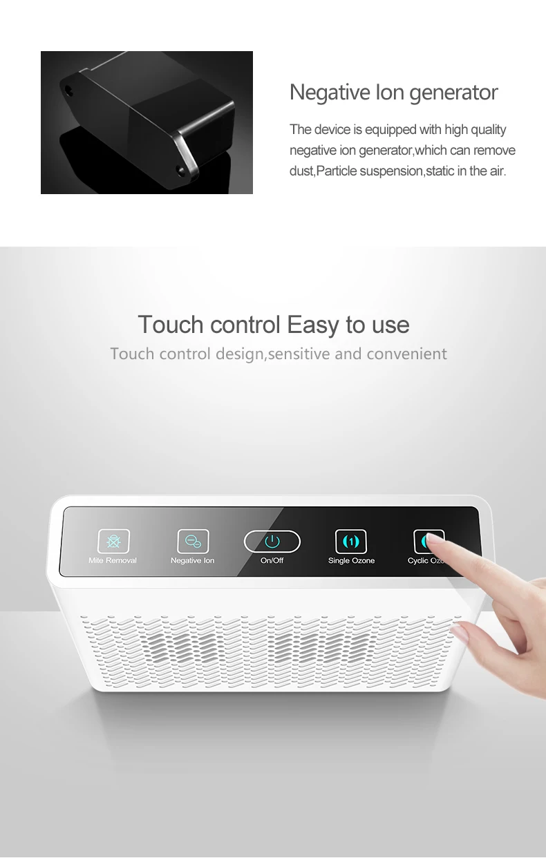 Air Purifier for Pet Odor Negative Ion Air Freshener Ultrasonic Dust Mite Killer Dual Ozone Modes Portable Hotel Air Disinfector