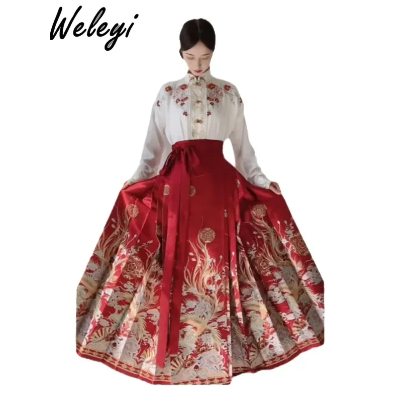 Women's Sweet Large Horse Face Skirt 2024 Spring Dress High Waist Hundred Pleats New Chinese Princess A-line Hanfu Two Piece Set