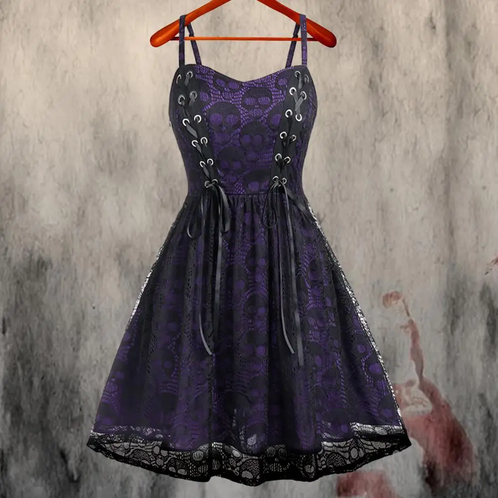 Mini vestido de empalme de malla de encaje para mujer, vestido Medieval Punk Rock, correa de espagueti, estampado de Calavera, sin mangas, vestido