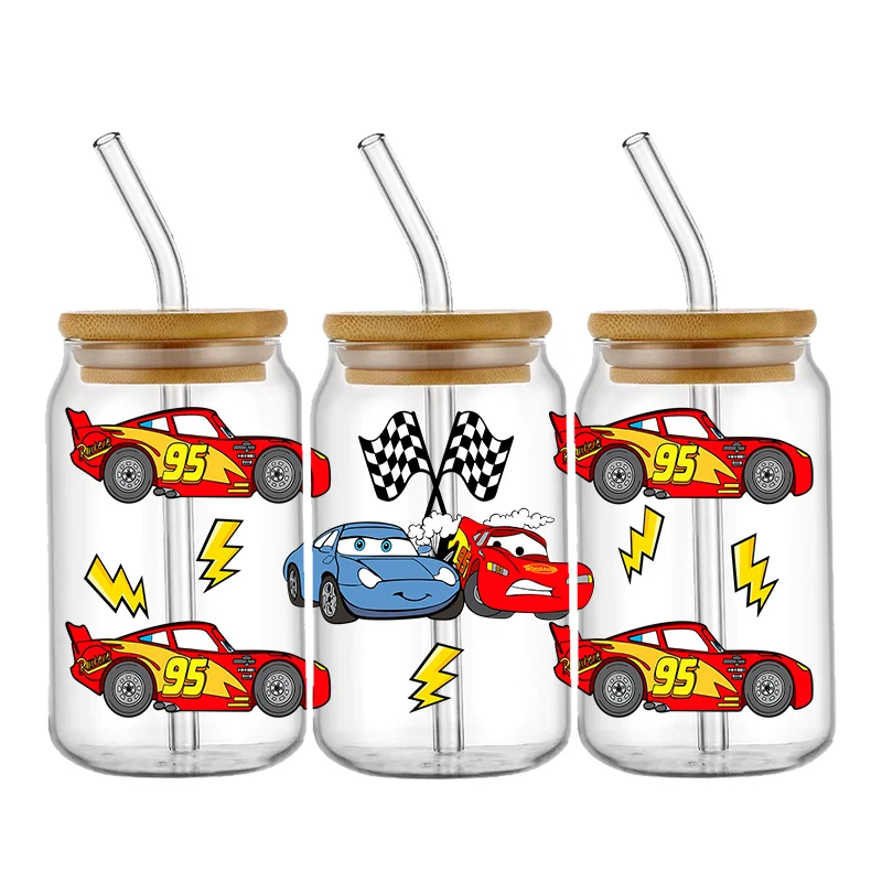 Disney cartoon cars padrão uv dtf transferência adesivo à prova dwaterproof água transferências decalques para 16oz copo de vidro envoltório adesivos