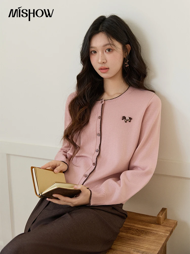

MISHOW Contrast Trim Crew Neck Knit Cardigan 2026 Spring Single Breasted Casual Pink Sweater with Pony Decoration MXF108Z1023