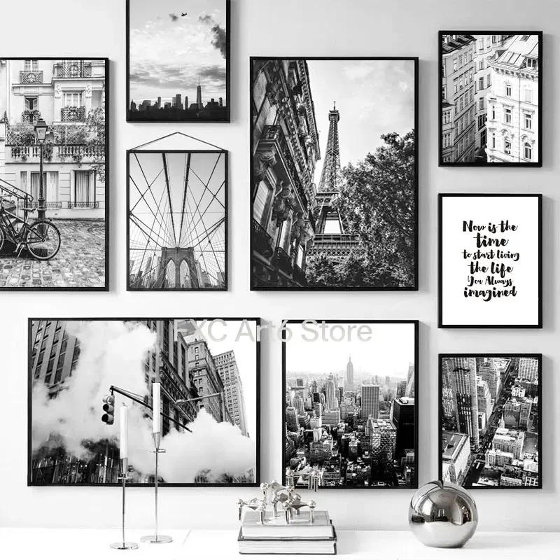1PCS frameless Black White Wall Art Canvas Painting Paris Tower Brooklyn Bridge Nordic Posters and Prints Wall Pictures for Livi
