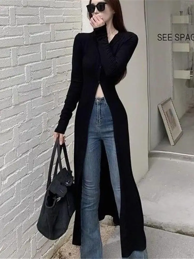 Cardigan aperto lungo alla moda in seta di ghiaccio da donna Sweet Cool Faion Top dimagrante Street Sle lavorato a maglia V-Ne Long Sve Spring