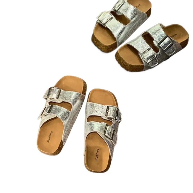 

Серебристые женские шлепанцы на платформе Birkenstock, двубортные Нескользящие пляжные туфли, новая летняя кожаная одежда