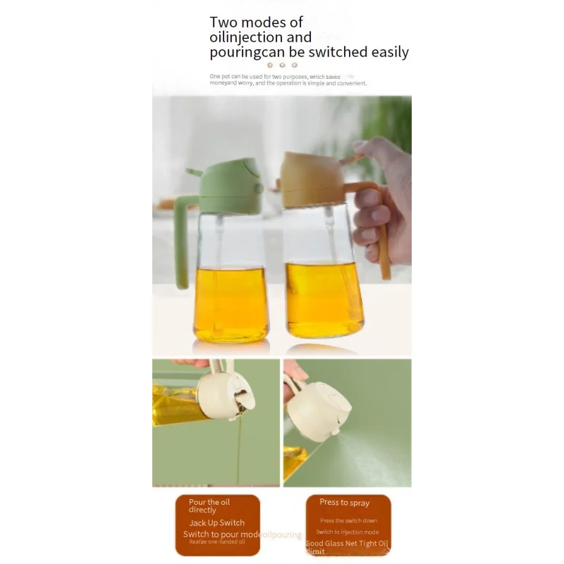 470mlGlass Spray and Pour Dual-use Oil Bottle for Home Kitchen, Large Capacity Press-type Spray Oil Bottle, Open and Close Oil