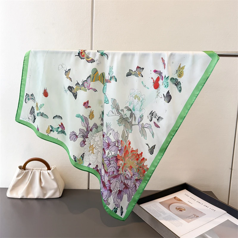 2026 Luxury Silk Skinny Scarf 70Cm Square Butterfly Print Green Square Silk Scarf Casual Women Windproof Head Wrap Hair Scarves