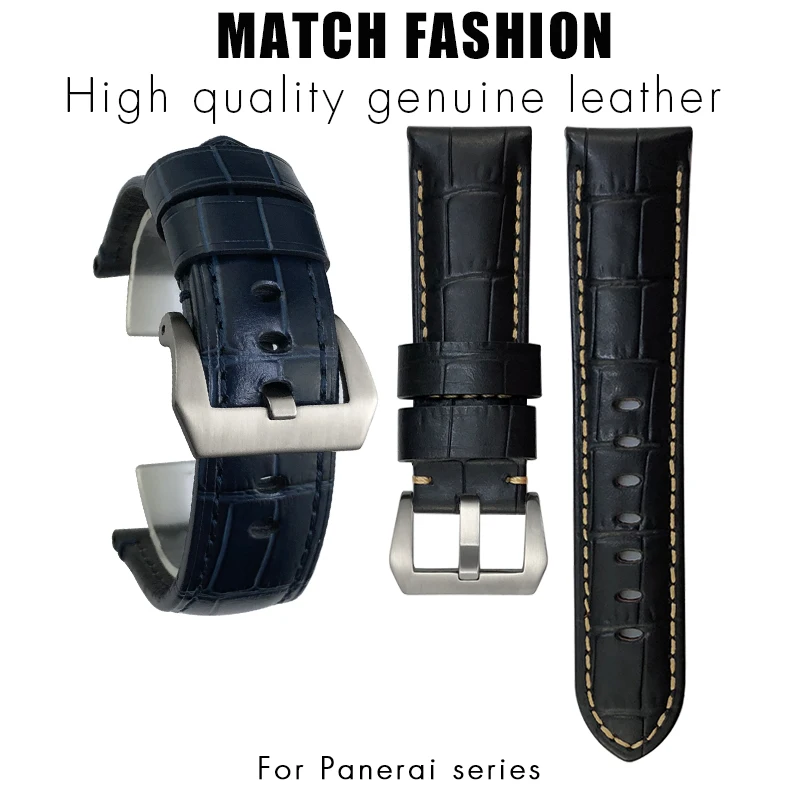 24mm Genuine Leather Watchband for Panerai PAM LUMINOR 1950 PAM00359 00510 441 Crocodile Texture Blue Cowhide Watch Strap