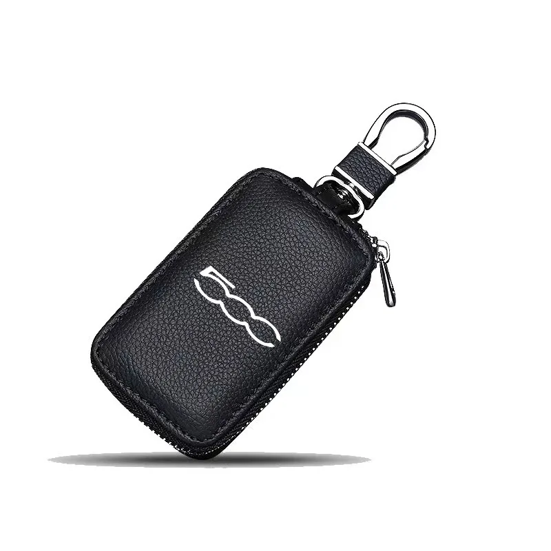 Leather Car Key Case Keychain Zipper Key Case Bag for Abarth 500 124 595 500C 500e 500L Key Cover Protector Auto Accessories