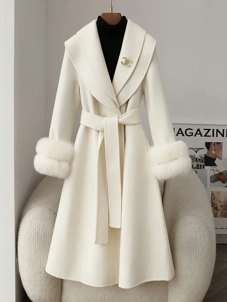 뜨거운 판매 가을 겨울 여성 진짜 모피 코트 캐시미어 울 혼합 여우 모피 커프스 고품질 숙녀 슬림 오버 코트