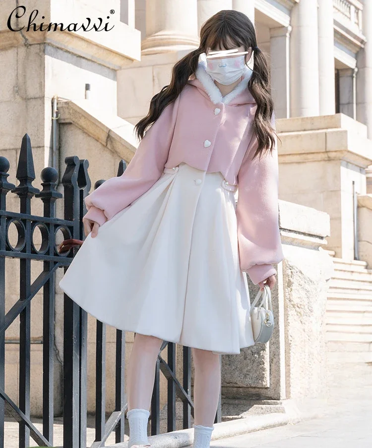 

New 2024 Winter Lolita Sweet Girls Lantern Sleeve Fur Collar Hood Coats Kawaii Pink and White Color Matching Woolen Overcoat