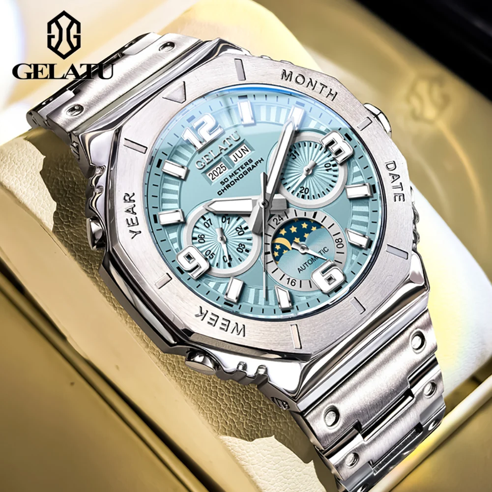 GELATU Men's Watches Luxury Fashion 316L Fine Steel Original Automatic Mechanical Wristwatch for Man Moon Phase Calendar 6030
