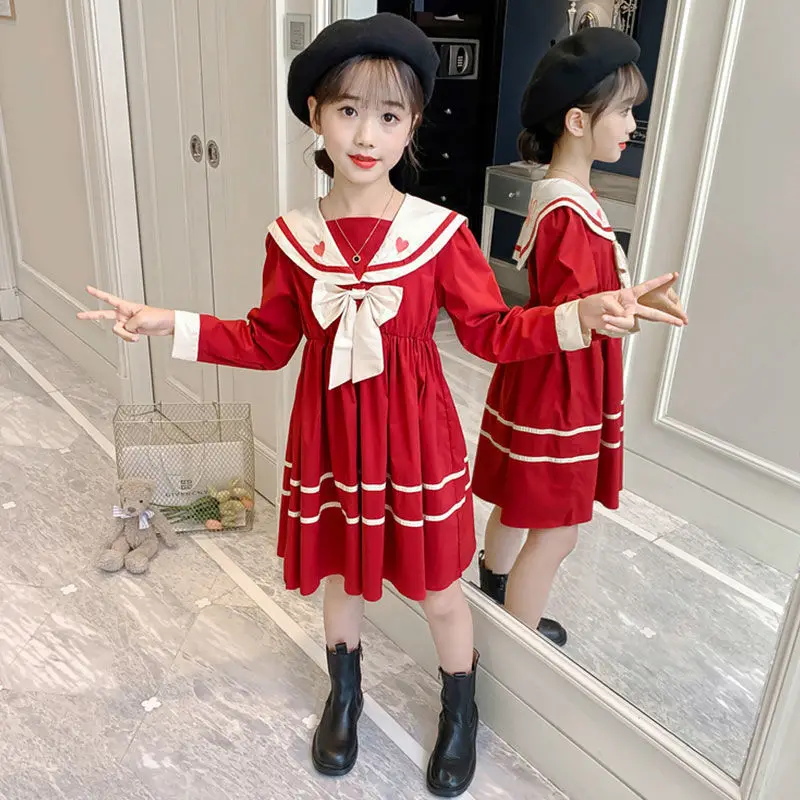 2024 autumn spring New retro Girls long Dress Cotton Sailor Collar Teens striped pleated JK Dresses Baby Clothes Toddler 12 year