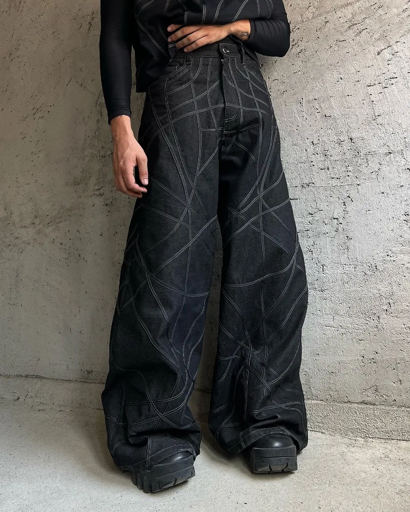 Streetwear New Fashion Striped Embroidered Baggy Jeans Men Y2K Harajuku Vintage Hip Hop Pop Gothic High Waist Wide Leg Pants