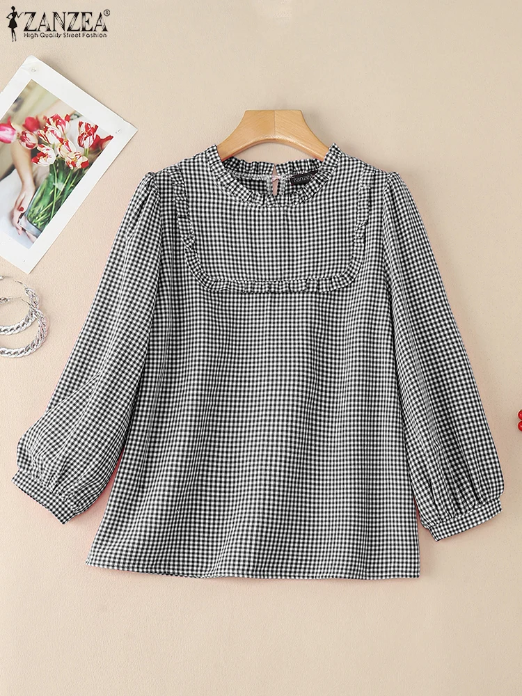 2025ZANZEA Herbst Plaid Überprüft Bluse Frauen O Hals Langarm Tops Beiläufige Lose Hemd Mujer Weibliche OL Arbeit Blusas Oversize