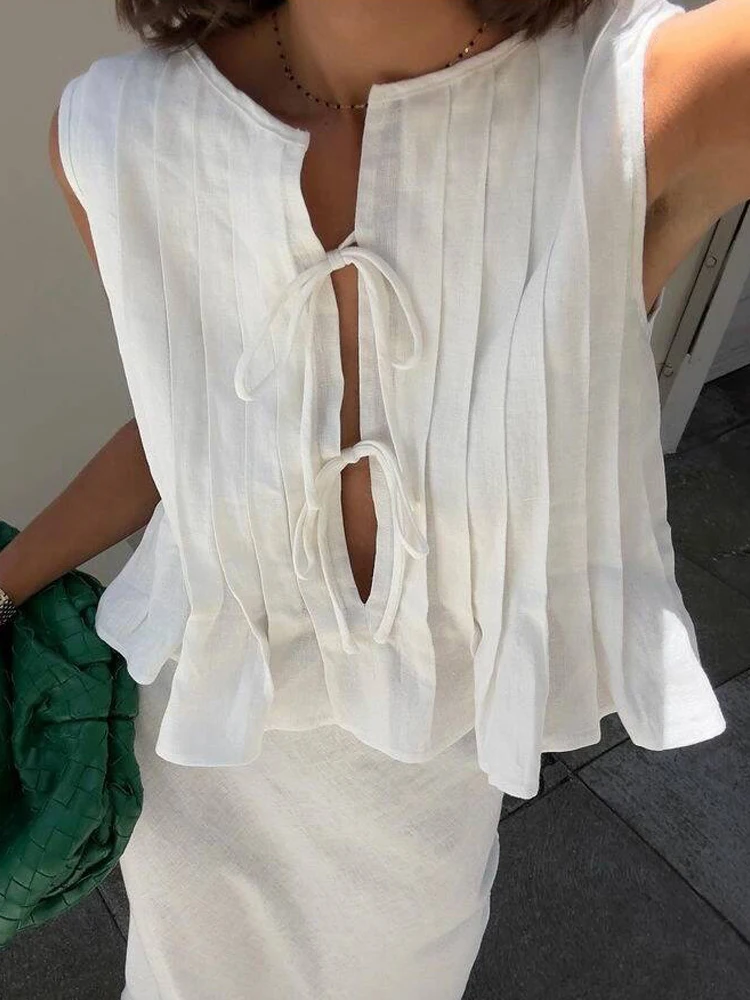 

BKQU Linen Lace Up Sleeveless T shirts Women pleated Hollow Out O-neck Bow Crop Tops 2024 Summer Street Casual Female Tank Tops