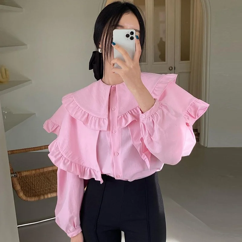 Elegancka, wiosenna, słodka bluzka damska z falbankami, wyszczuplająca, luźna, z bufiastym dołem, codzienna, uniwersalna, z dużym kołnierzykiem.