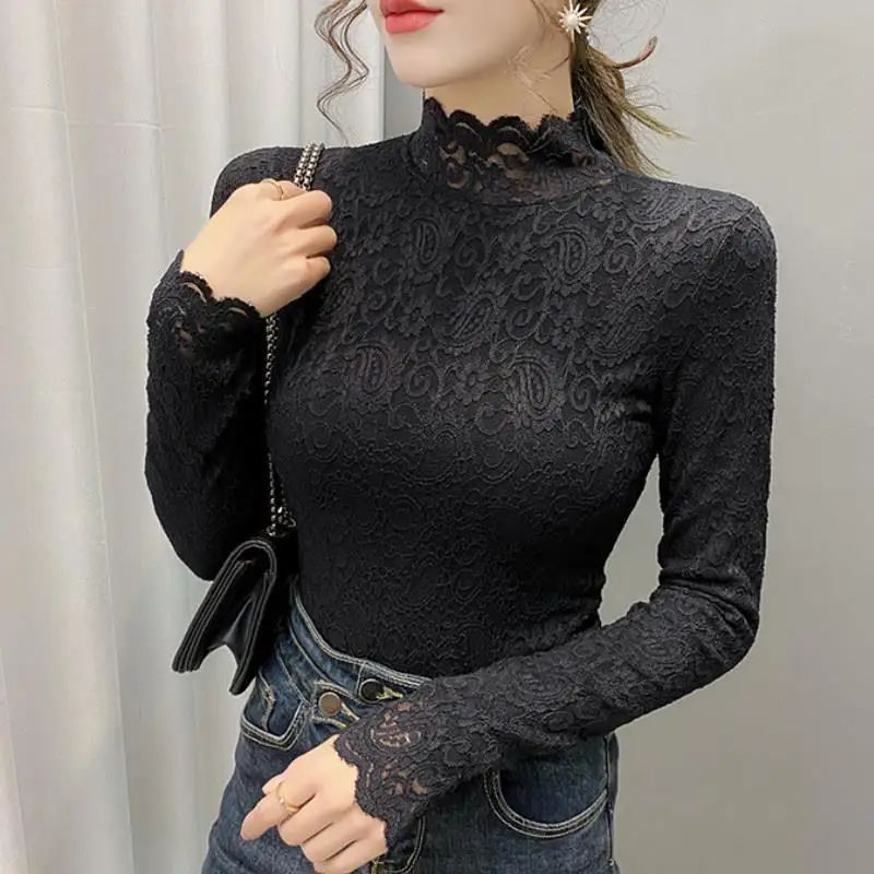 Lace Bottoming Shirt Blouse Women's Autumn Winter New Plus Velvet Thickening /thin Semi-high Collar Inner Tshirt Top image 2