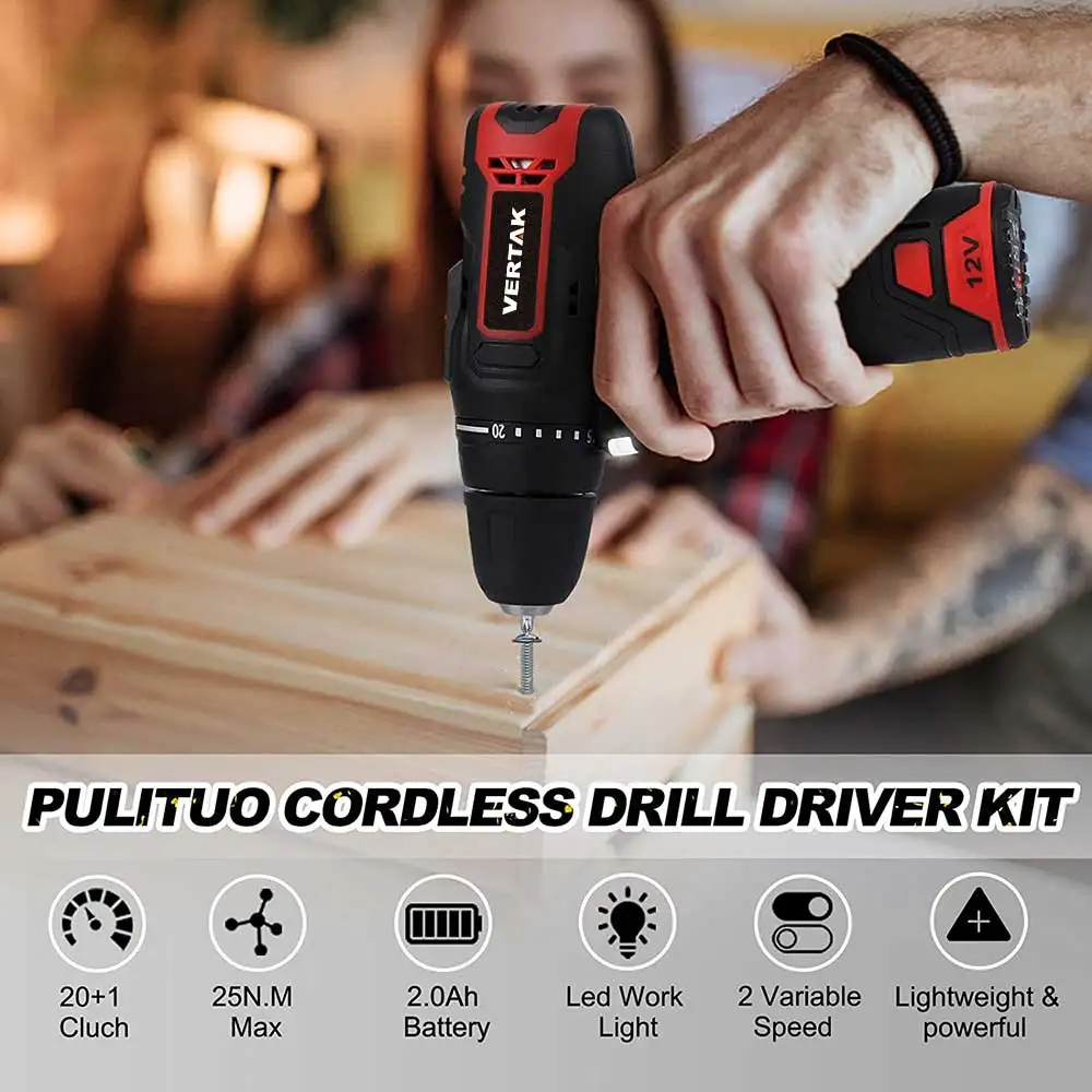 Vertak for 12V Lithium Cordless Drill-Industrial & DIY Grade Brushless Motor Variable Speed OEM Available Soft Grip Handle