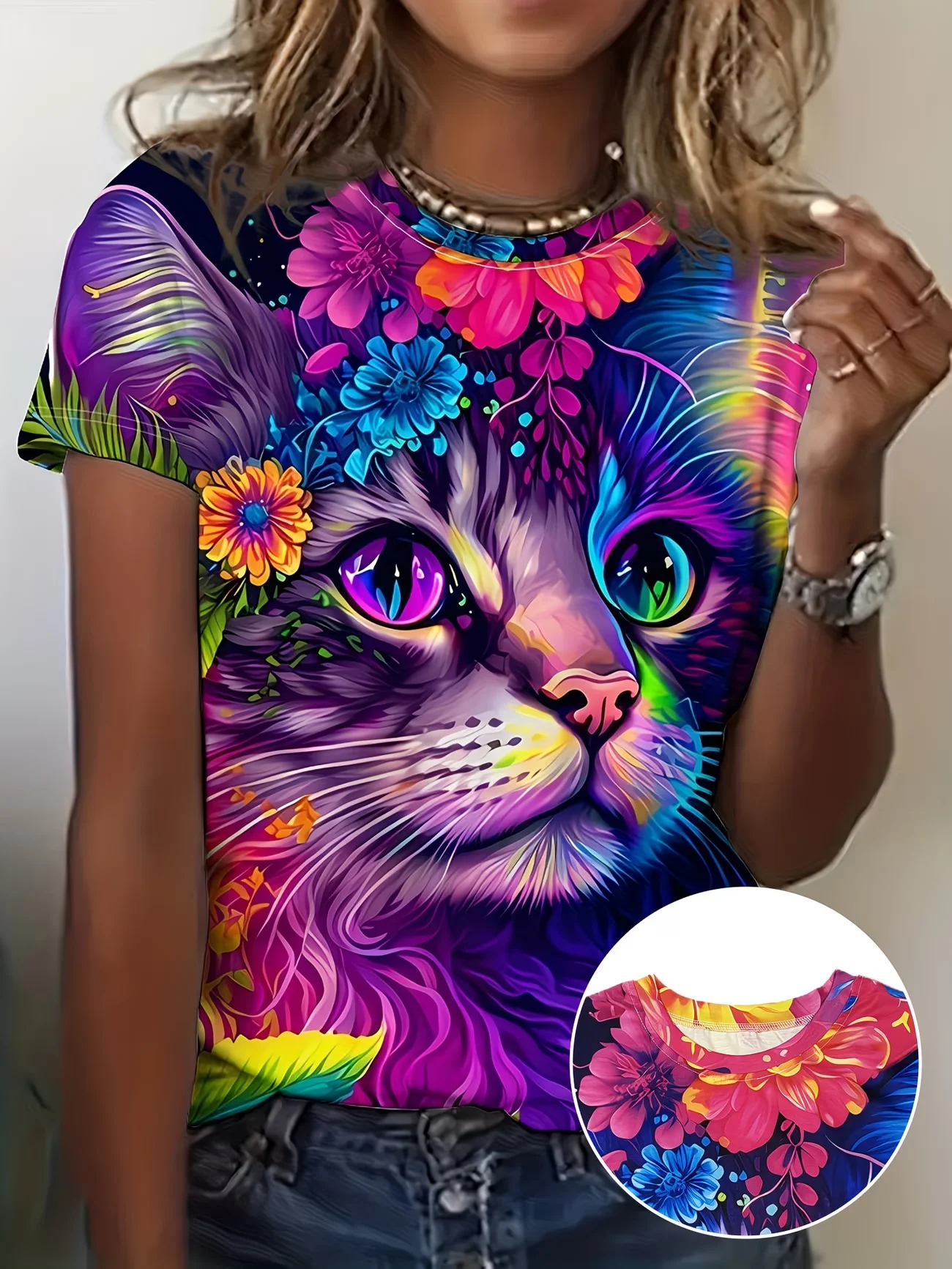 Crew Neck Short Sleeve Neon Style Cat Floral Print T Shirt Women's Outfits Casual Streetwear Lady Loose Clothing Cute Tops