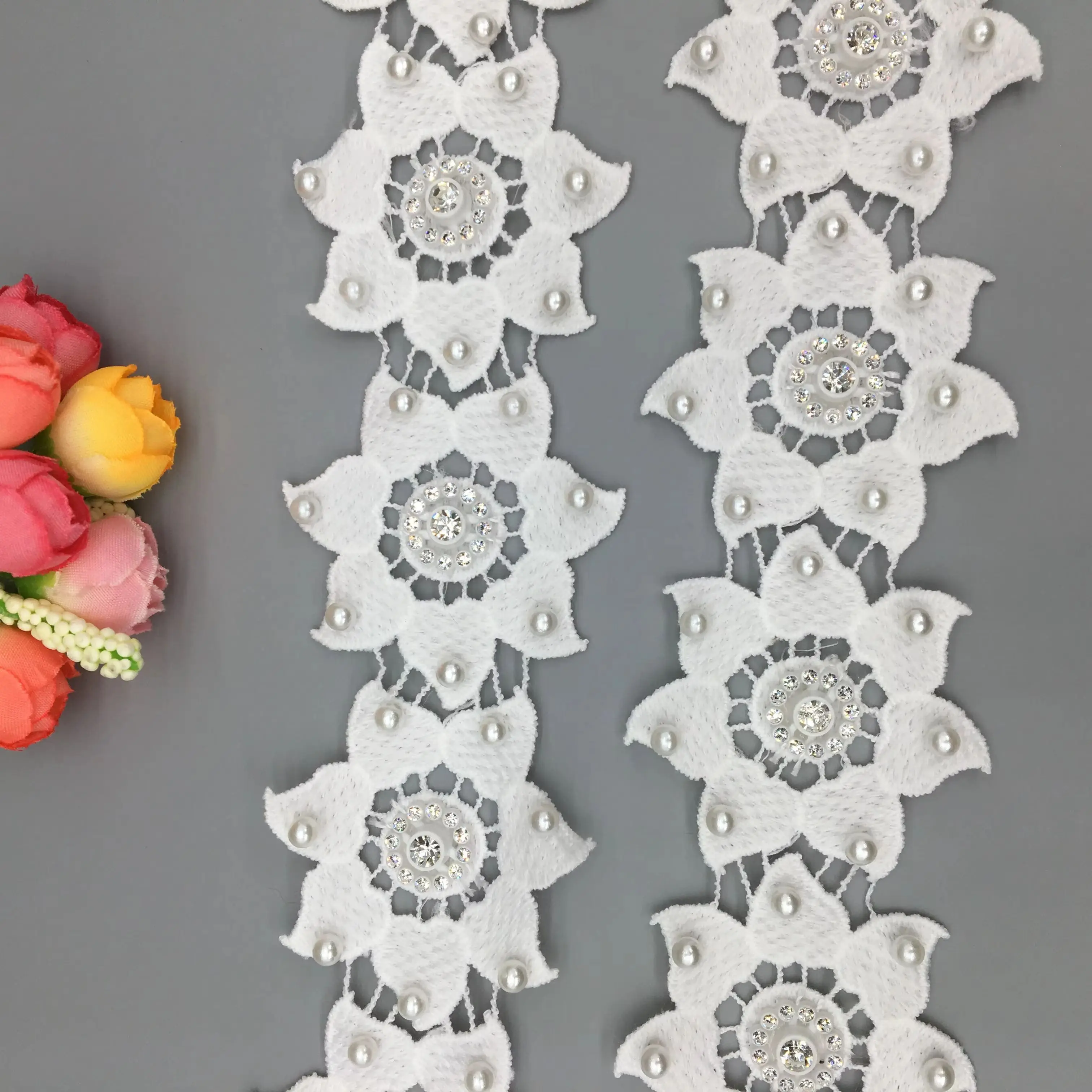 

1 Yard White Cotton Pearl Bead Diamond Heart Flower Embroidered Lace Trim Ribbon Fabric DIY Handmade Sewing Supplies Craft 5.7cm