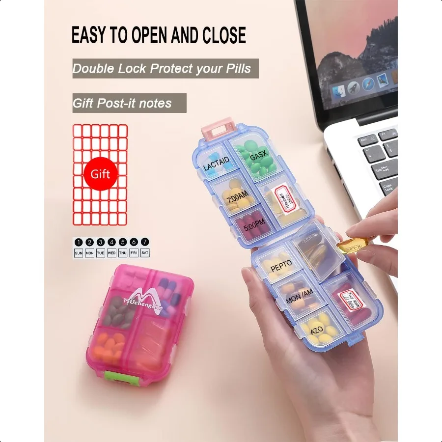 4PS Travel Pill Organizer with 164 Slice Labels 10 Compartments Travel Pill Box Portable Folding Small Pill Case Daily Pill Con