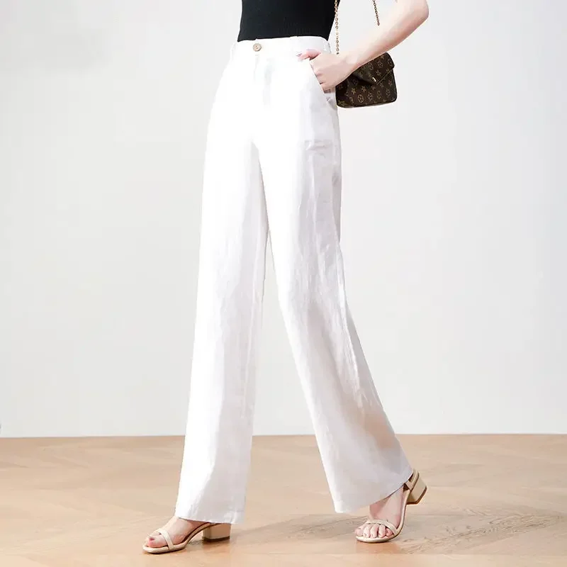 

Women White 100% Pure Linen Wide Leg Trousers Elastic Band Waist Summer Thin Loose Breathable Straight Leg Pants Oversize Z767