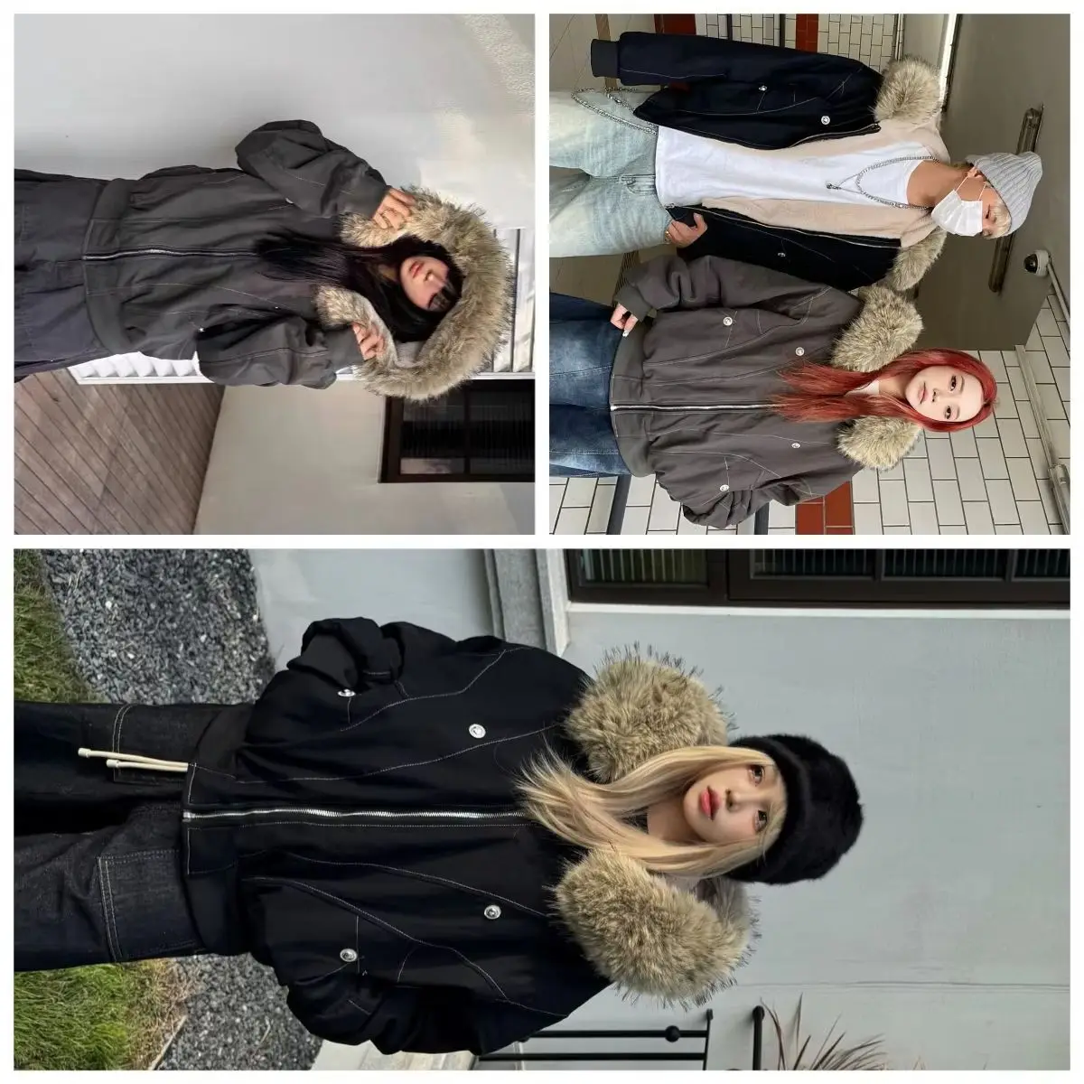 

American retro fur collar coat winter campus style thickened hooded cotton coat personalized design short cotton thick coat