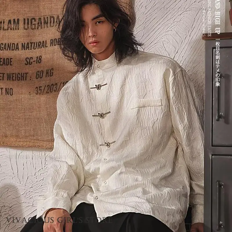 

Модная новая мужская куртка в китайском стиле Тан, винтажная жаккардовая рубашка с длинным рукавом, свободная повседневная уличная одежда в стиле кунг-фу