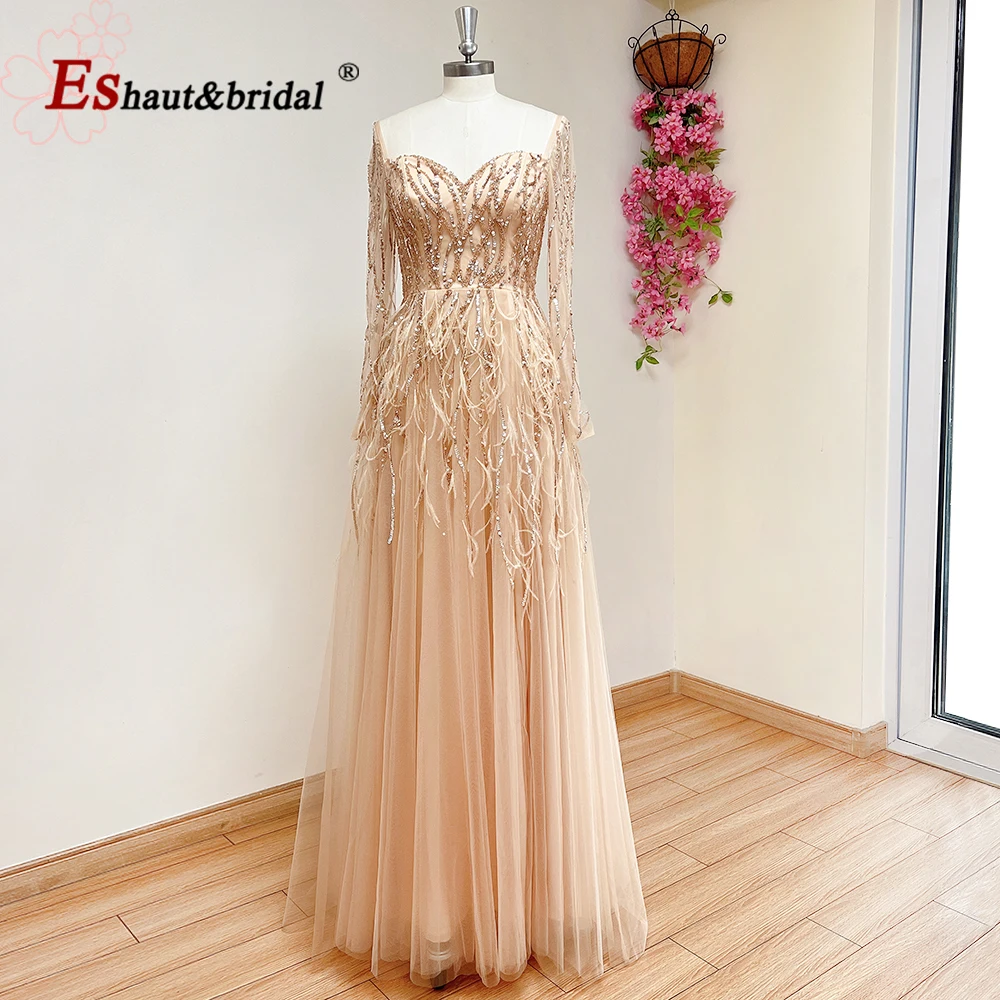 Elegant Feather Evening Dress for Women 2026 V Neck Beads Long Sleeves Side Slit Aline Formal Wedding Prom Party Gown Customized