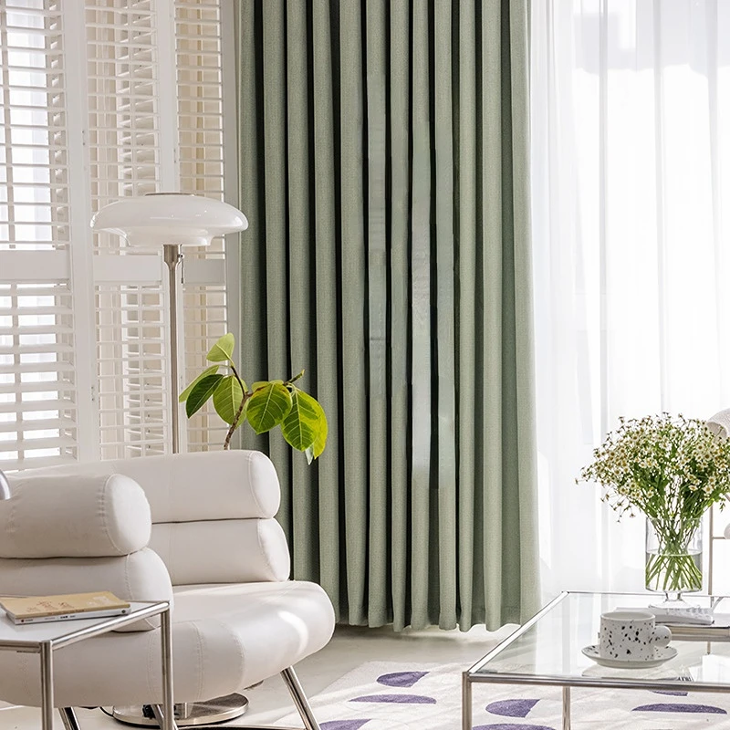 Light Luxury Green Cotton Linen Curtains for Living Dining Room Bedroom Balcony Partition Window Thickened Solid Color Blackout