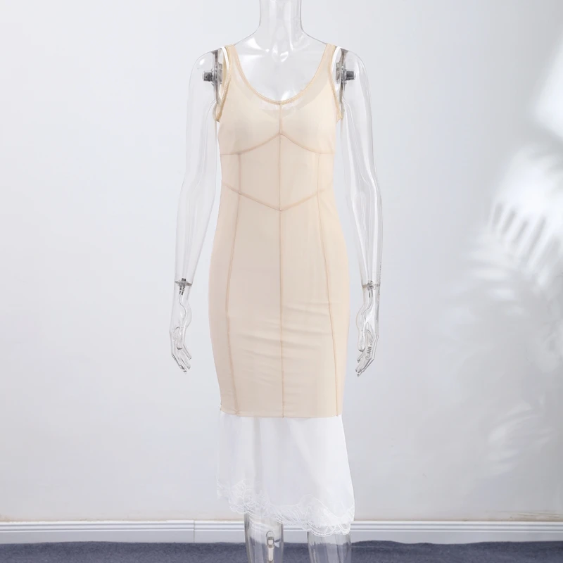 Sheer Mesh Overlay Spaghetti Strap Midi Dress Waist Cinched Sleeveless 2026 Summer Women Accessories Trendy Classy Lady Outfits