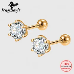 Trustdavis Real 925 Silver Fashion Gold Six Claw 3/4/5mm CZ Screw Stud Earrings for Women Daily Wear Fine Jewelry Gift DA2712
