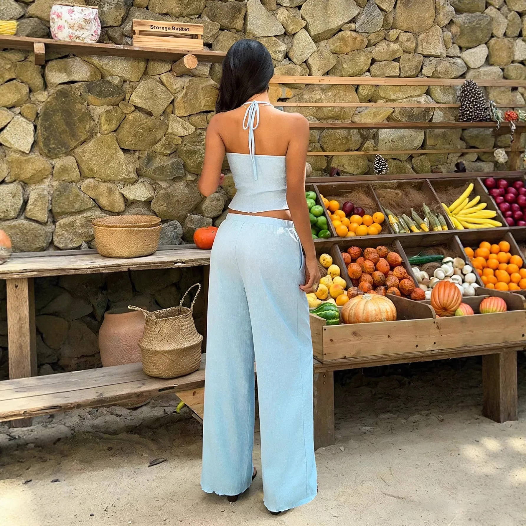 Lazy Vacation Style Women 2 Piece Set Halter Crop Top High Waist Wide Leg Pants