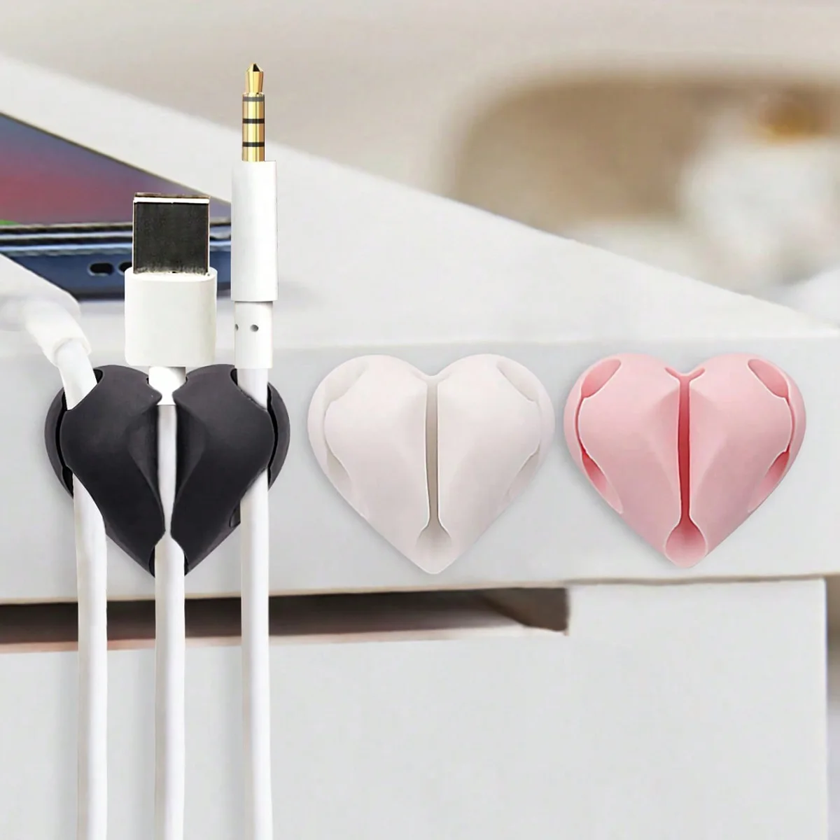 3 Colors Available, Heart-Shaped Desktop Cable Organizer, 2-Pack Self-Adhesive Cable Organizer for Computer, Mouse, and Headphone Cables