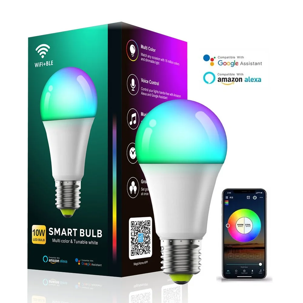 Smart Life bohlam lampu pintar WiFi 9W 10W, bohlam lampu pintar mendukung Amazon Alexa dan Google Home kendali suara RGBCW peredupan E27 E26