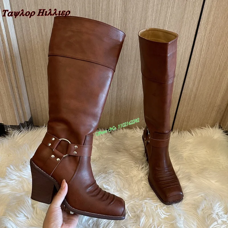 

2023 New Retro Embroidered Western Cowboy Boots Women'S Fashion Square Toe Thick Heel Slip-On Brown Long Boots Autumn And Winter