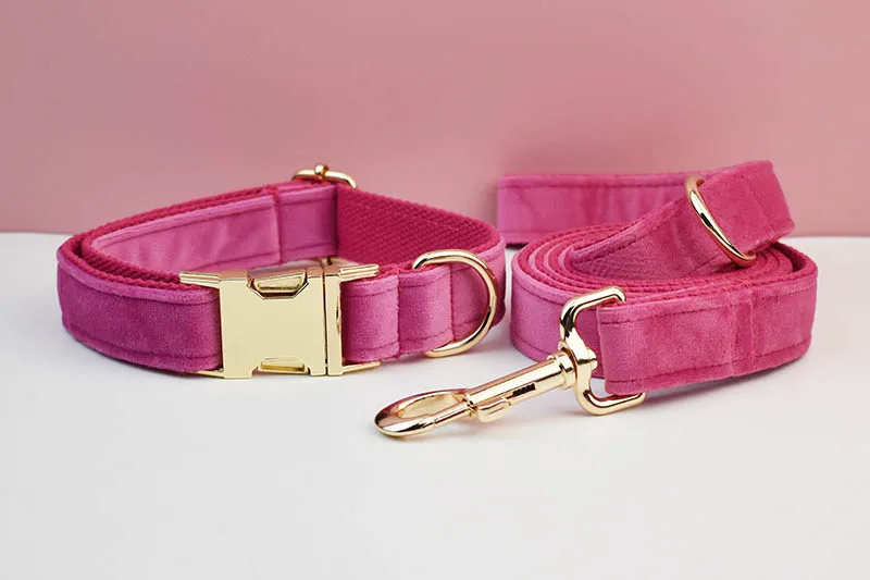 Rosarotes Samt-Hundehalsband und Leinen-Set für Hunde, individuell graviertes Namensschild, Heimtierbedarf, Hundeleine, Velvet23 – Detail 4