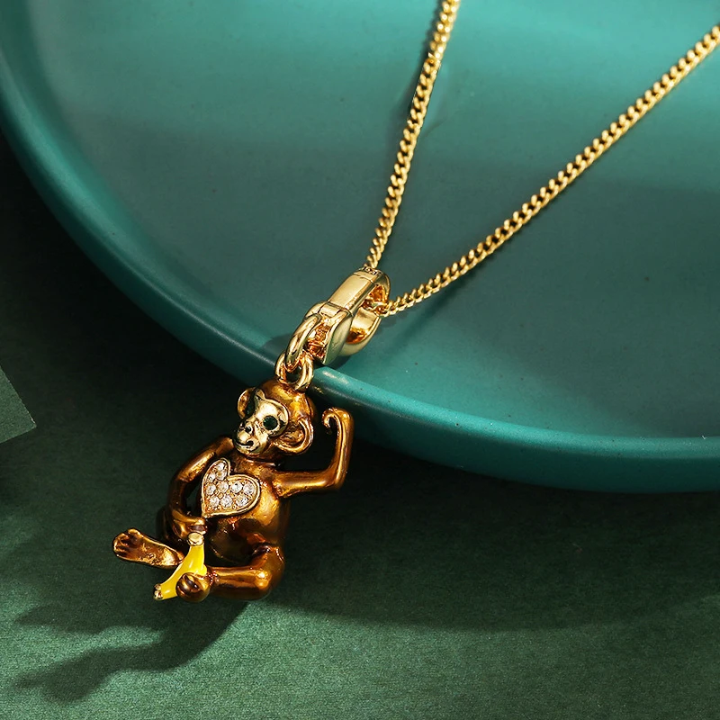 1Pc Exquisite Enamel Glaze Brown Diamond Banana Monkey Pendant, Cute Pet Animal keychain, Bag Hanging Necklace Trend Gift