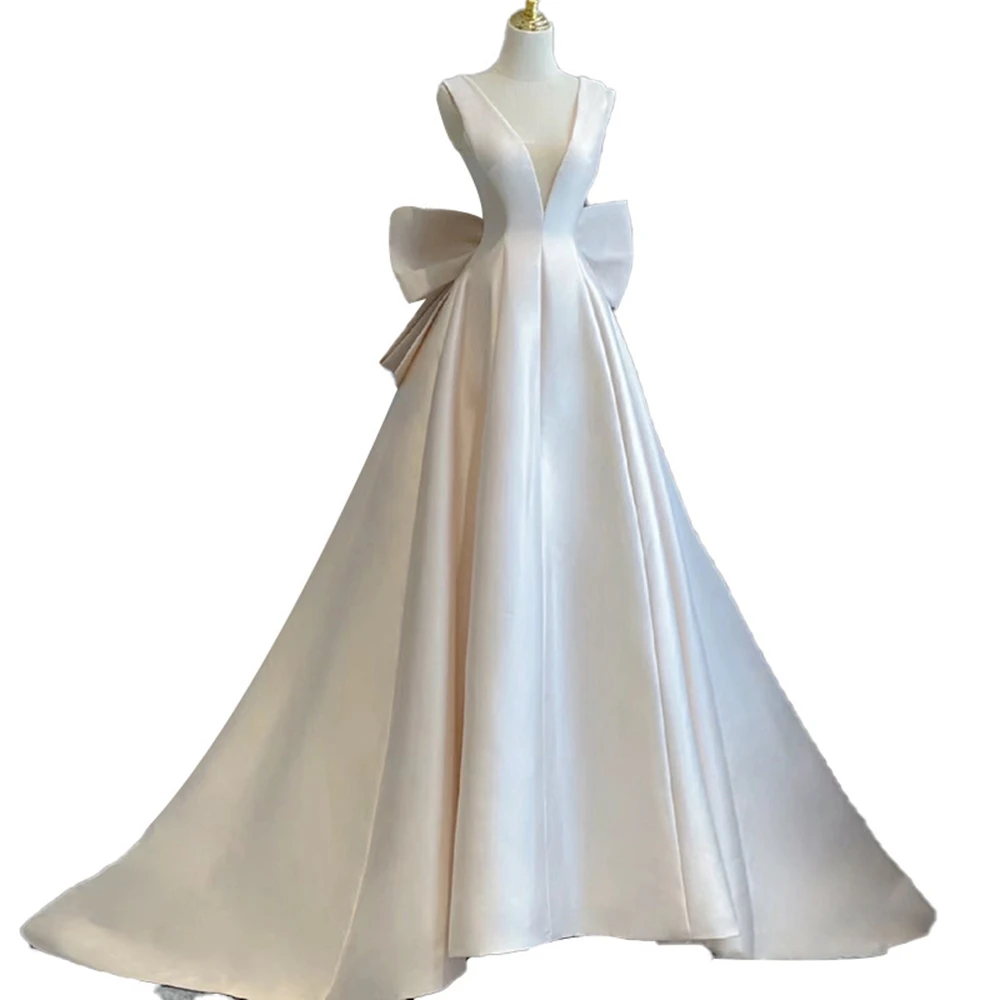 Satin V-neck A-LINE Wedding Dresses with Bow Backless Bridal Gowns Customized