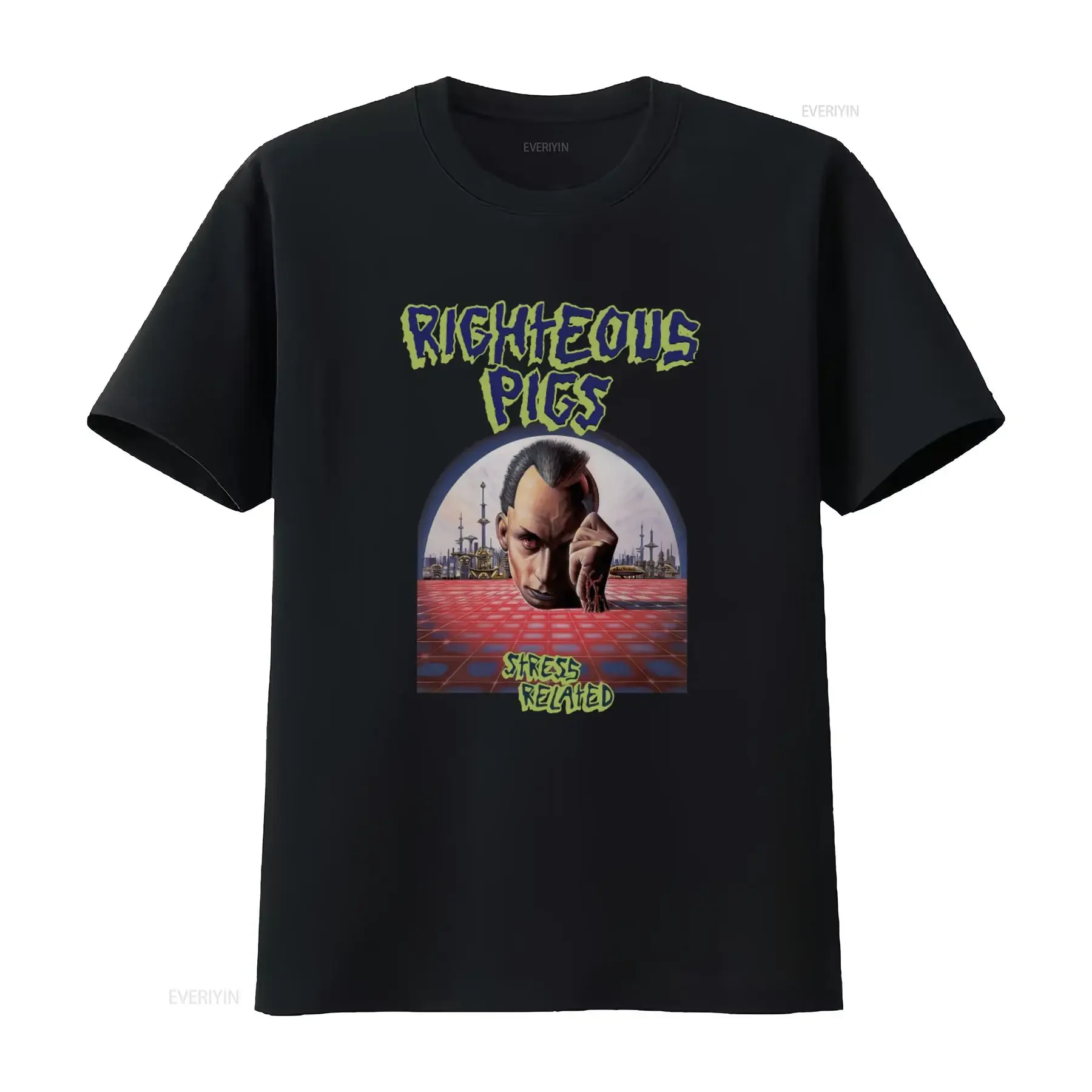 T-shirt Righteous Pigs Stress Related, imprimé classique pour hommes, design confortable et unique, graphique vintage délavé