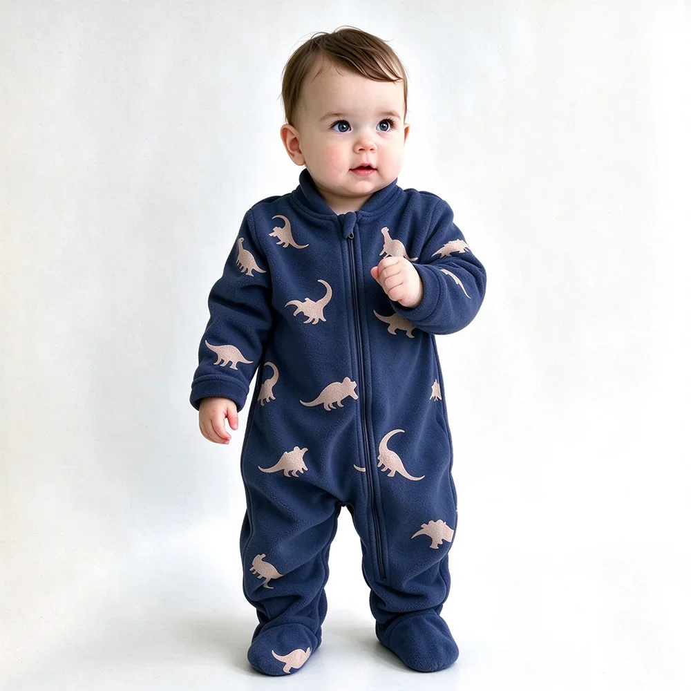 Soft Warm Baby Fleece Onesie Cute Cartoon Dinosaur Print Newborn Zipper Romper Cozy Infant Long Sleeve Bodysuit Winter Outfit