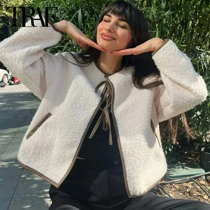 

TRAF 2024 Women's Cropped Cardigans Warm Winter Short Jackets Elegant Butterfly Lace-Up Long Sleeve Coats New In Outerwears