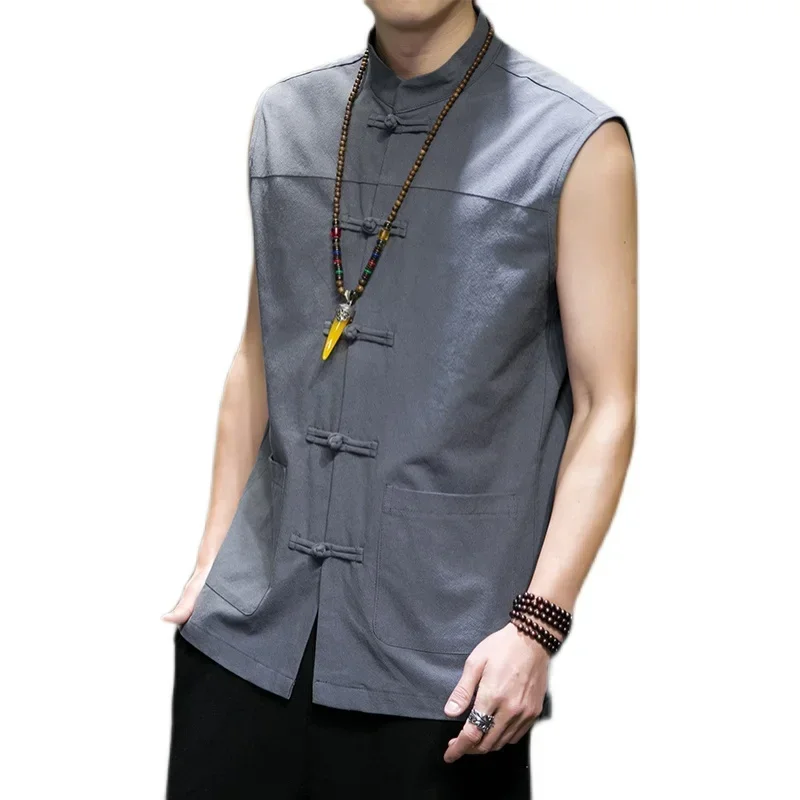 Spring Summer Men\'s Chinese Vintage Linen Vest Sleeveless Shirt Hanbok Cardigan Jacket Harajuku Open Seam Jacket M-5XL