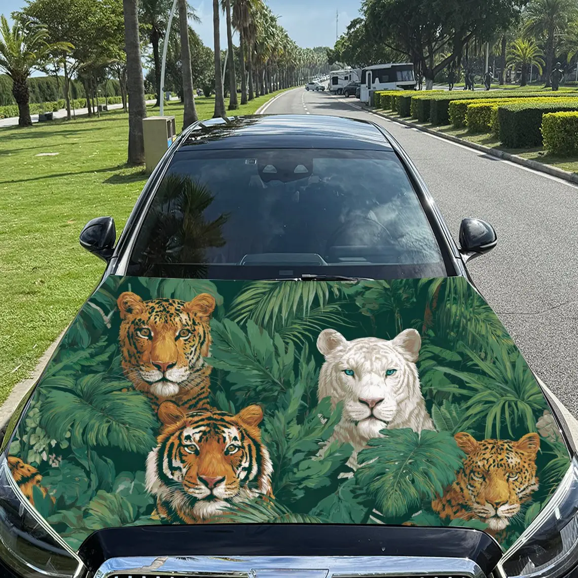 Car Decal Tigers and Bear in Artistic Foliage Background with Textural Animal and Plant Elements & Wild-Dense Visual Details Car