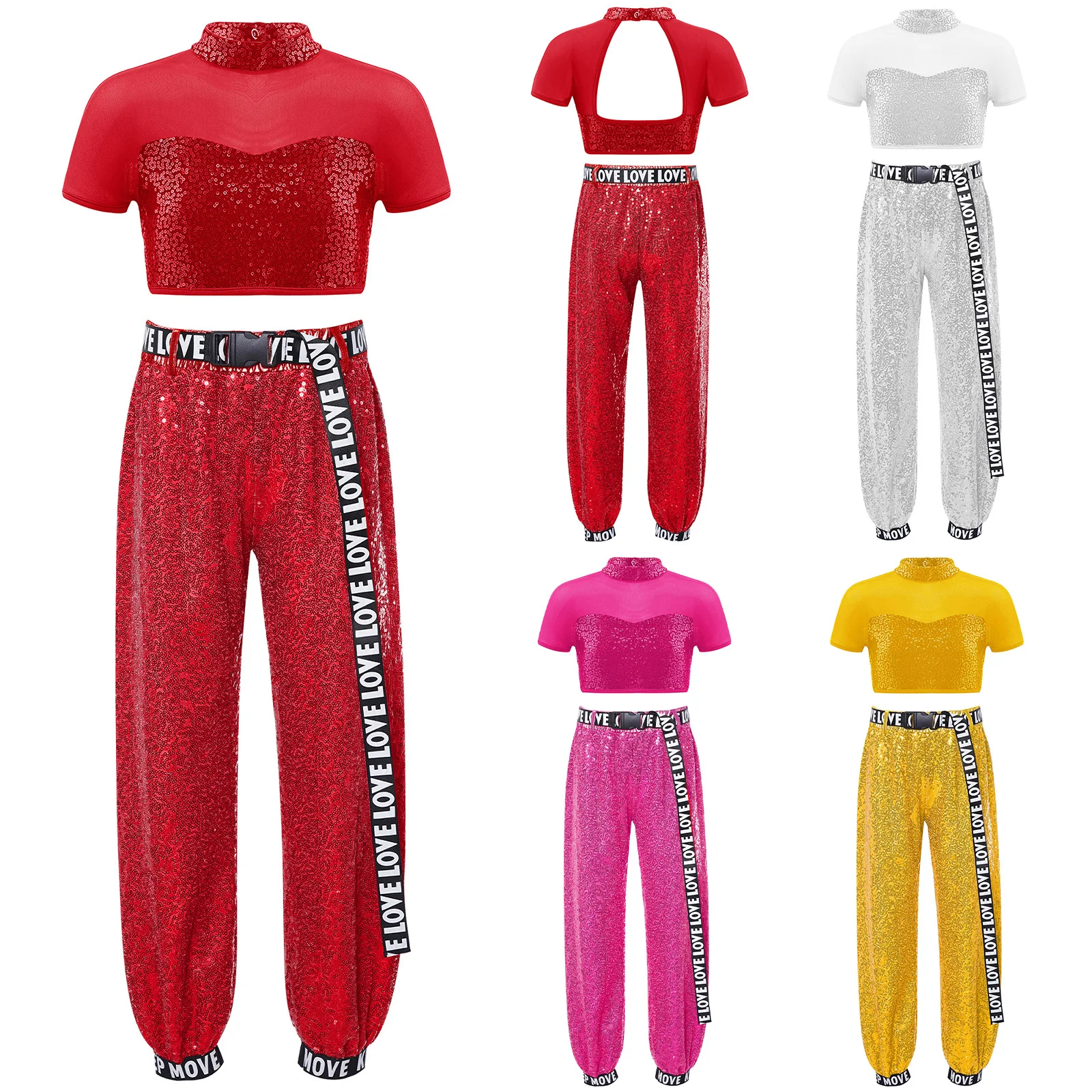 ชุดเต้นแจ๊สสำหรับเด็กผู้หญิง เสื้อครอปท็อปปักเลื่อมแบบตัดต่อ+กางเกงเลื่อม+เข็มขัดพิมพ์ลายตัวอักษร สำหรับการแสดงบนเวที ฮิปฮอป